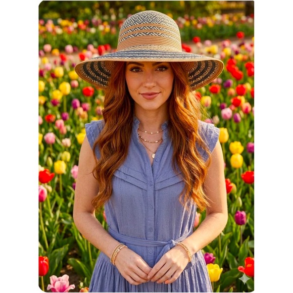 Aldo Accessories - ALDO Womens Wide Brim Sun Hat Navy Blue Tan Geometric Woven Floppy Straw Hat ML